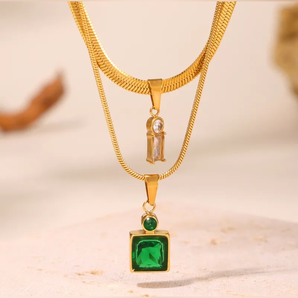 New 18K Gold Plated & Emerald Green Cubic Zirconia Layered Necklace